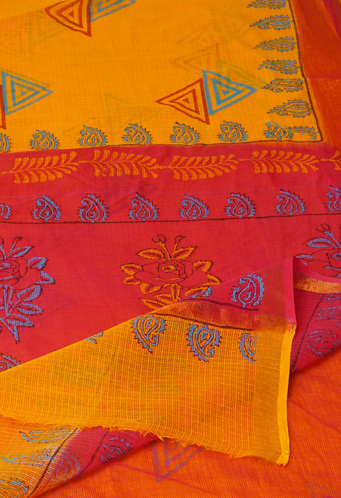 Yellow Pure Block Printed Kota Cotton Sarees-UNM71073
