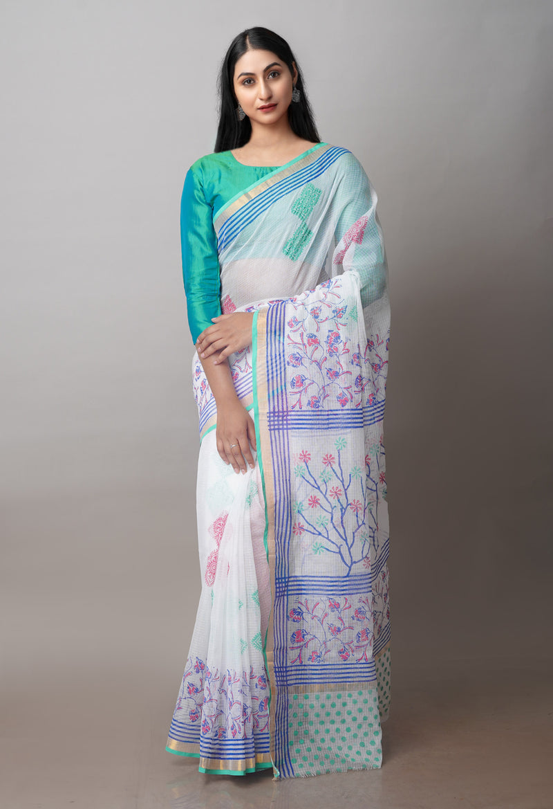 White Pure Block Printed Kota Cotton Sarees-UNM71076