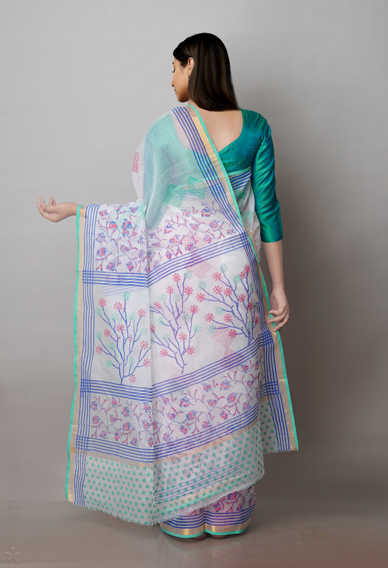 White Pure Block Printed Kota Cotton Sarees-UNM71076