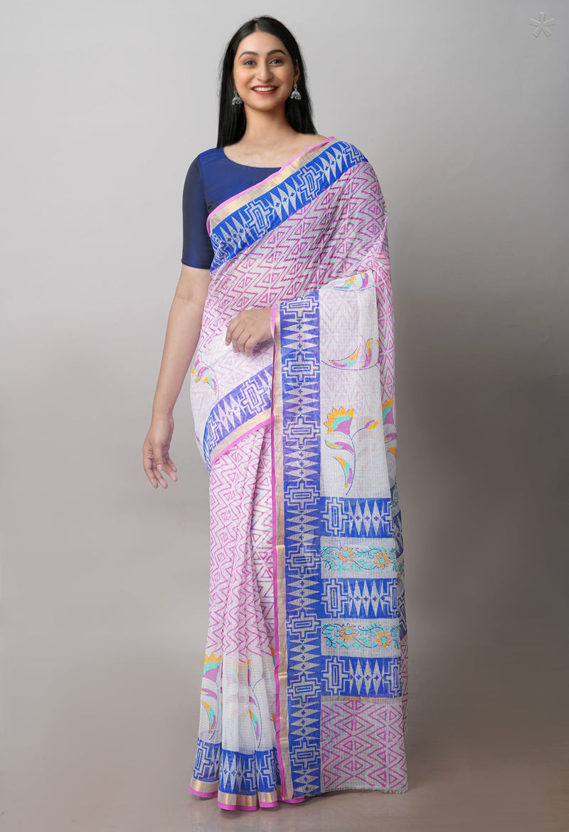 White Pure Block Printed Kota Cotton Sarees-UNM71077