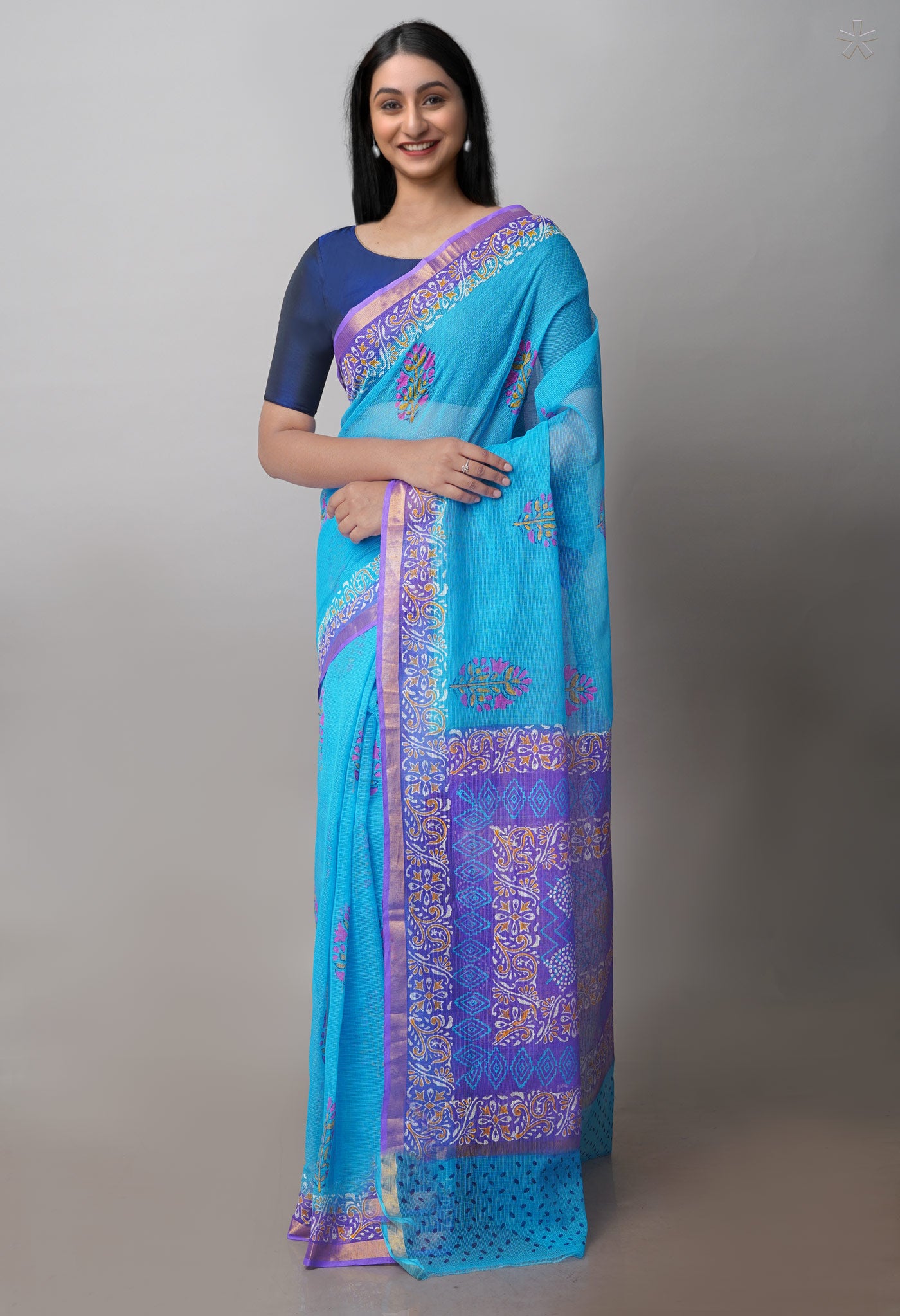 Blue Pure Block Printed Kota Cotton Sarees-UNM71083