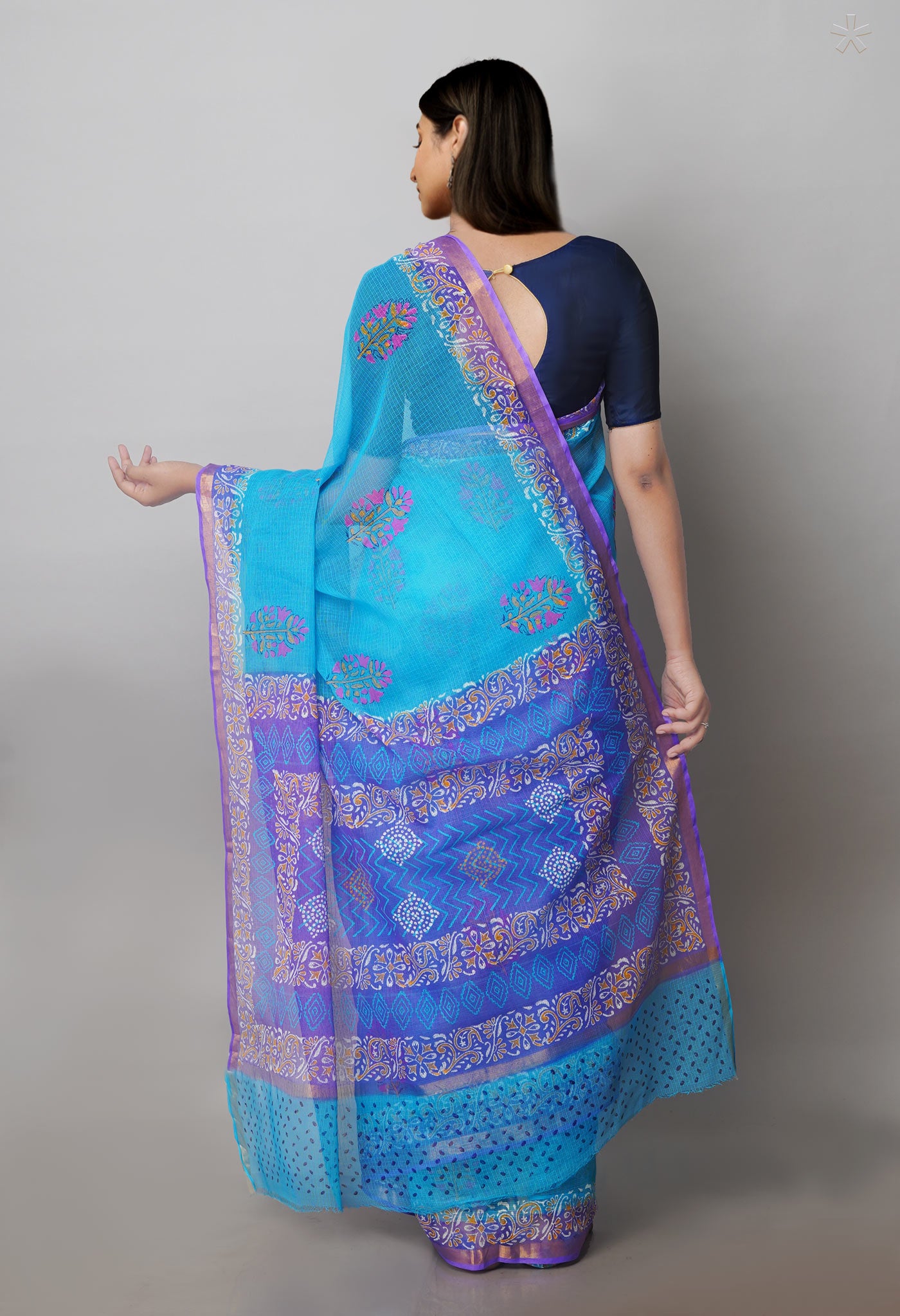 Blue Pure Block Printed Kota Cotton Sarees-UNM71083