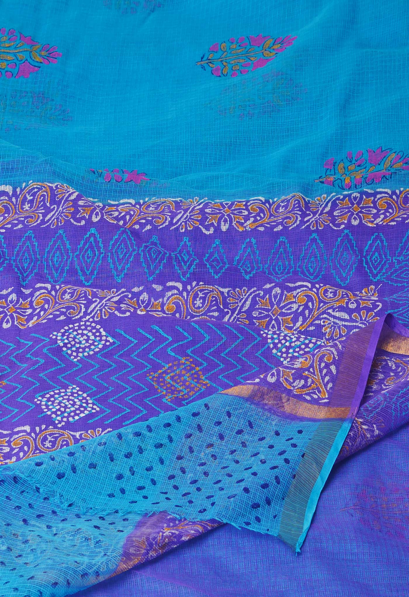Blue Pure Block Printed Kota Cotton Sarees-UNM71083