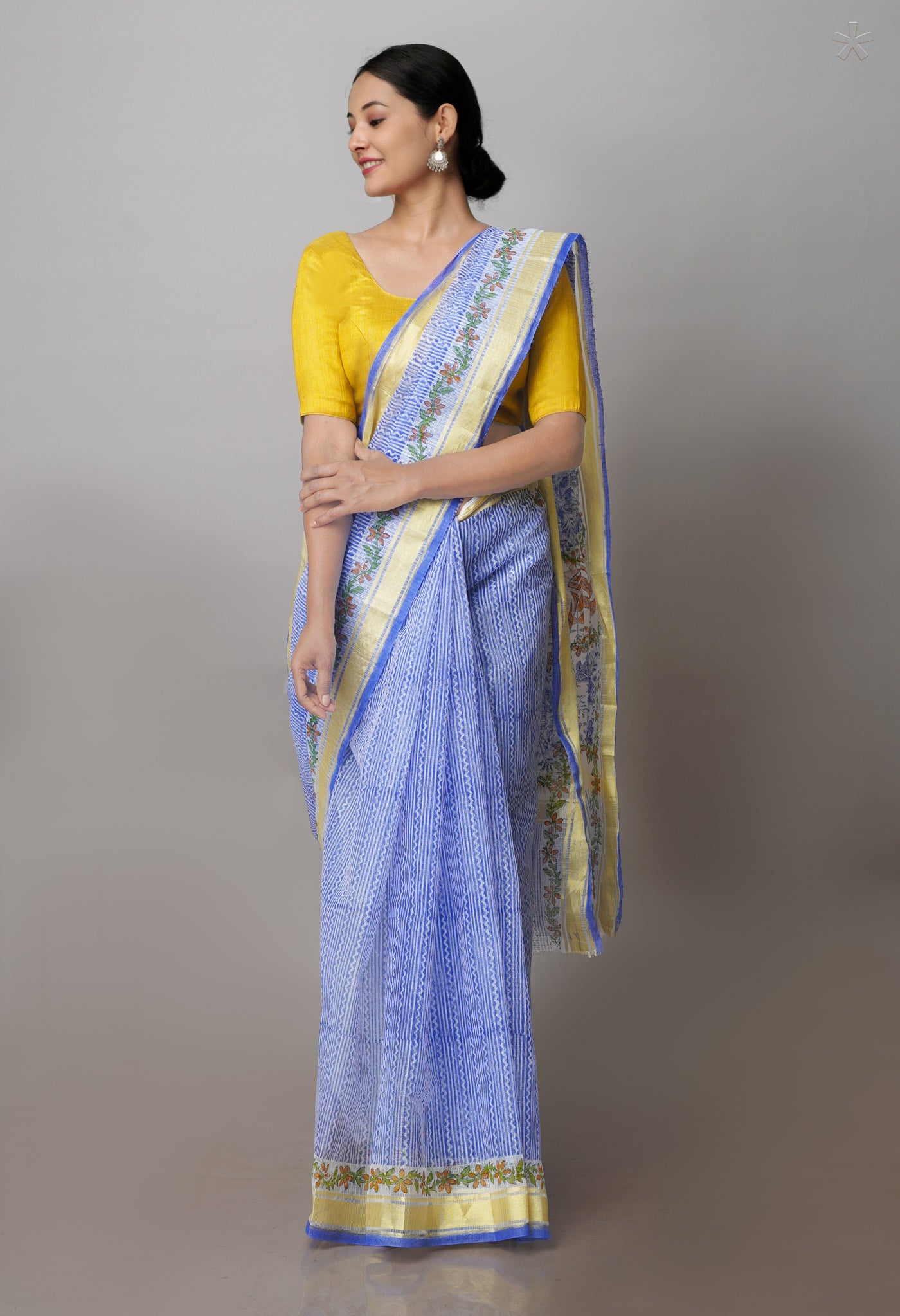 Blue Pure Block Printed Kota Cotton Saree- UNM71110