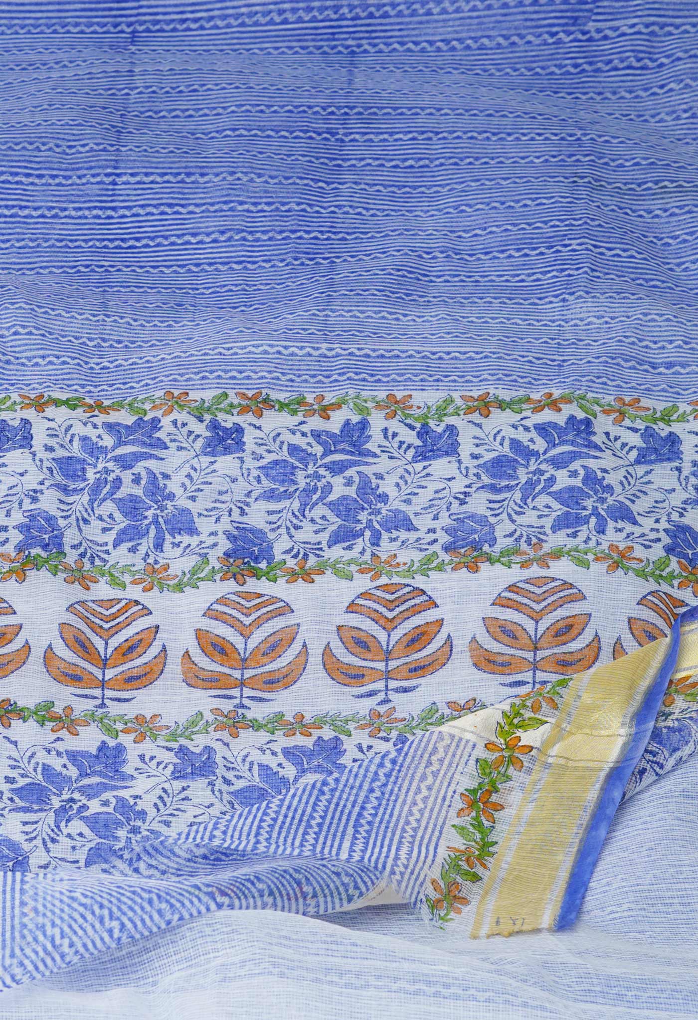 Blue Pure Block Printed Kota Cotton Saree- UNM71110