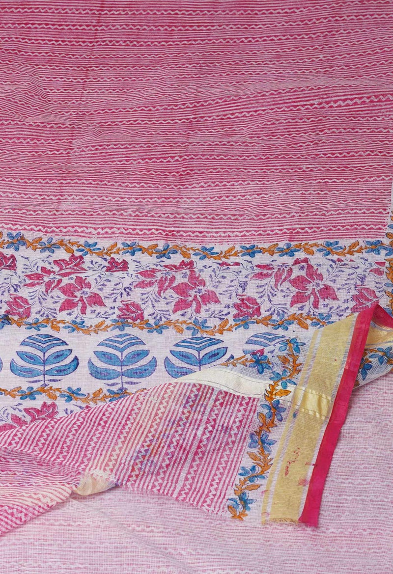 Pink Pure Block Printed Kota Cotton Saree- UNM71111