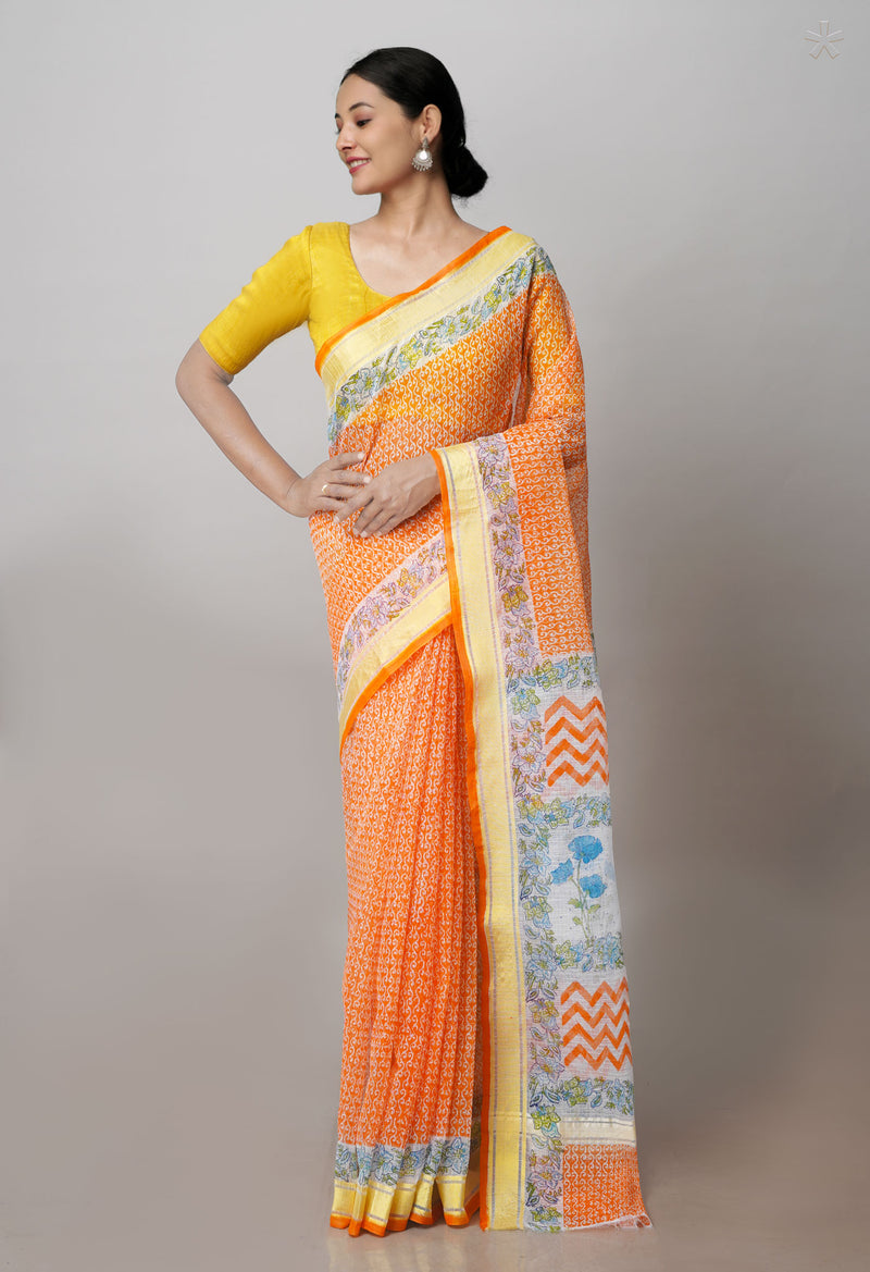 Orange Pure Block Printed Kota Cotton Saree- UNM71116