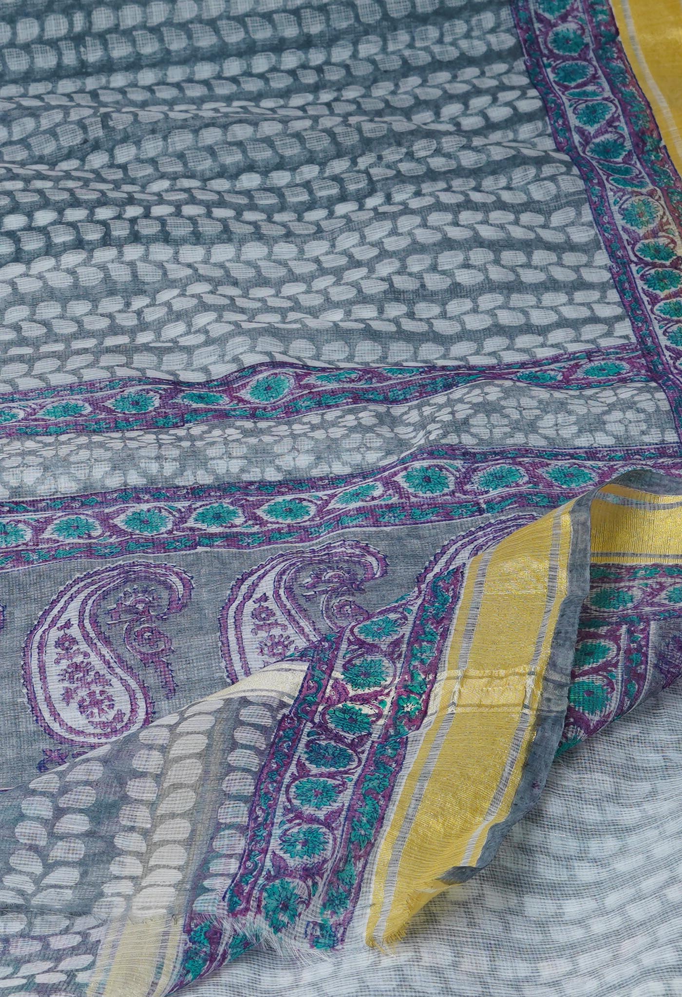Grey Pure Block Printed Kota Cotton Saree- UNM71131