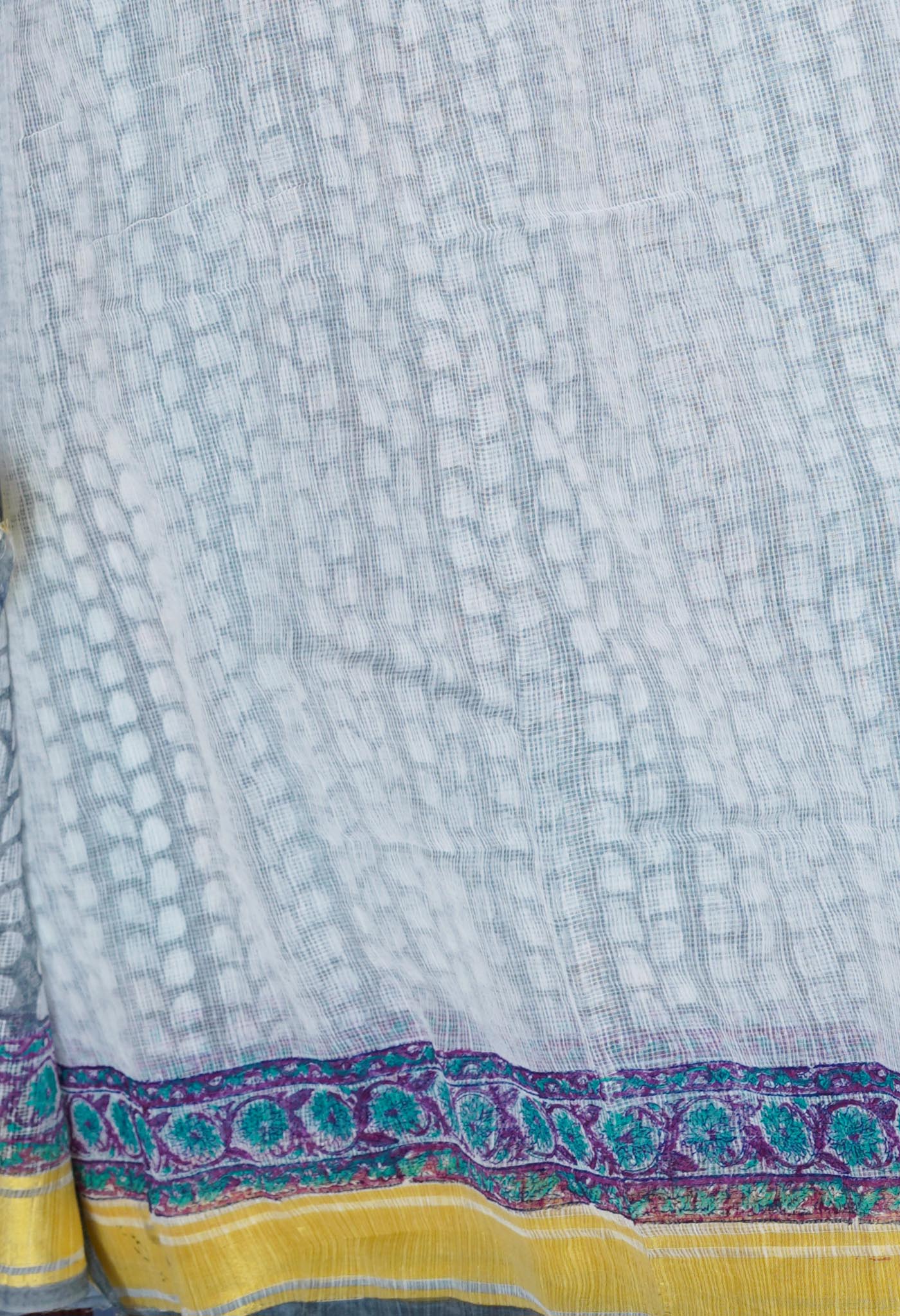 Grey Pure Block Printed Kota Cotton Saree- UNM71131