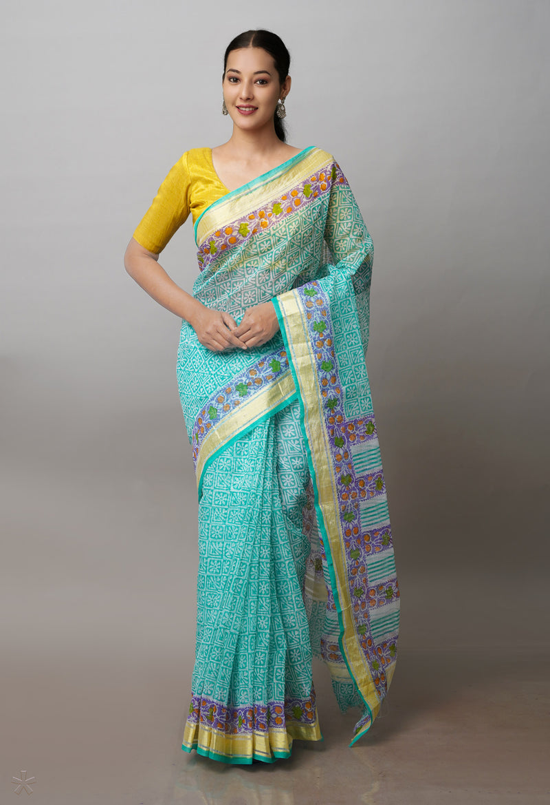 Turquoise Green Pure Block Printed Kota Cotton Saree- UNM71133