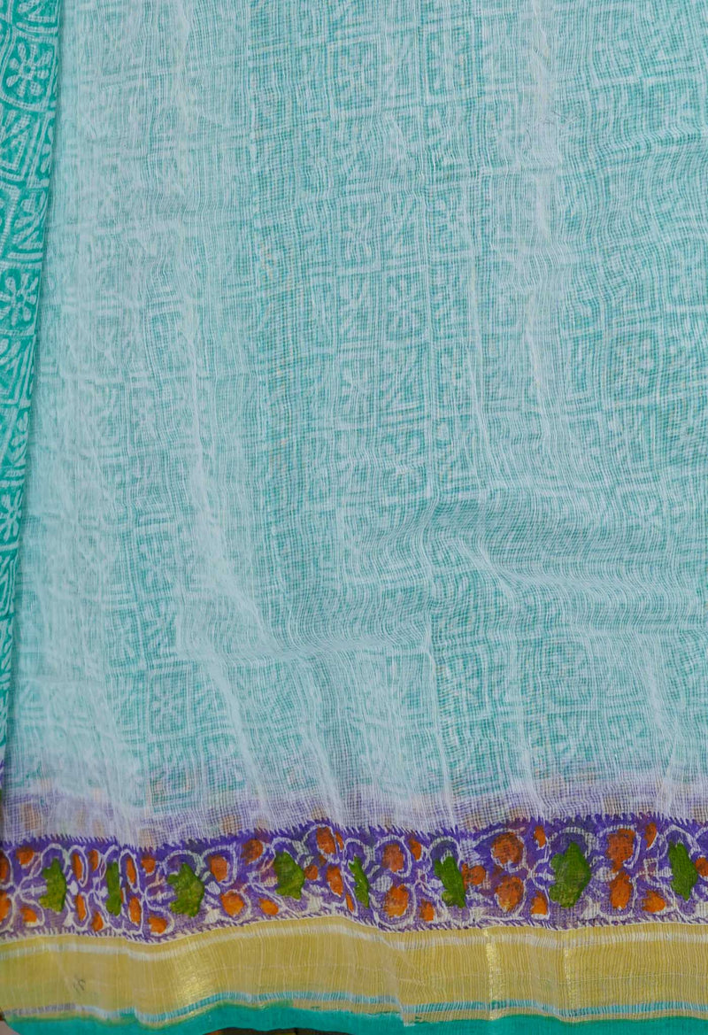 Turquoise Green Pure Block Printed Kota Cotton Saree- UNM71133