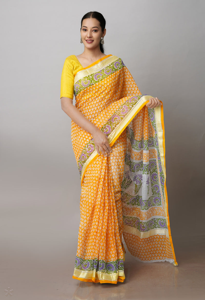 Orange Pure Block Printed Kota Cotton Saree- UNM71136
