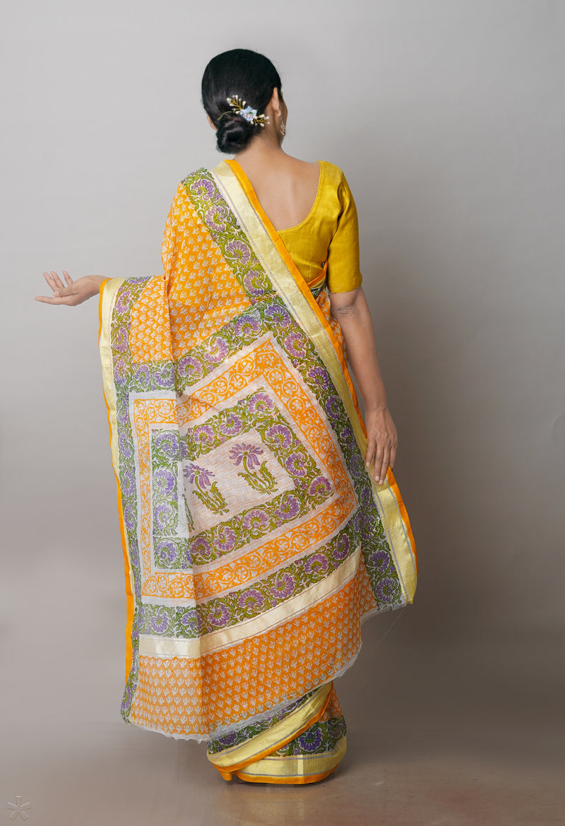 Orange Pure Block Printed Kota Cotton Saree- UNM71136