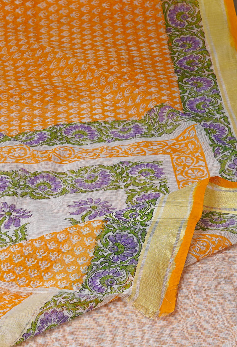 Orange Pure Block Printed Kota Cotton Saree- UNM71136