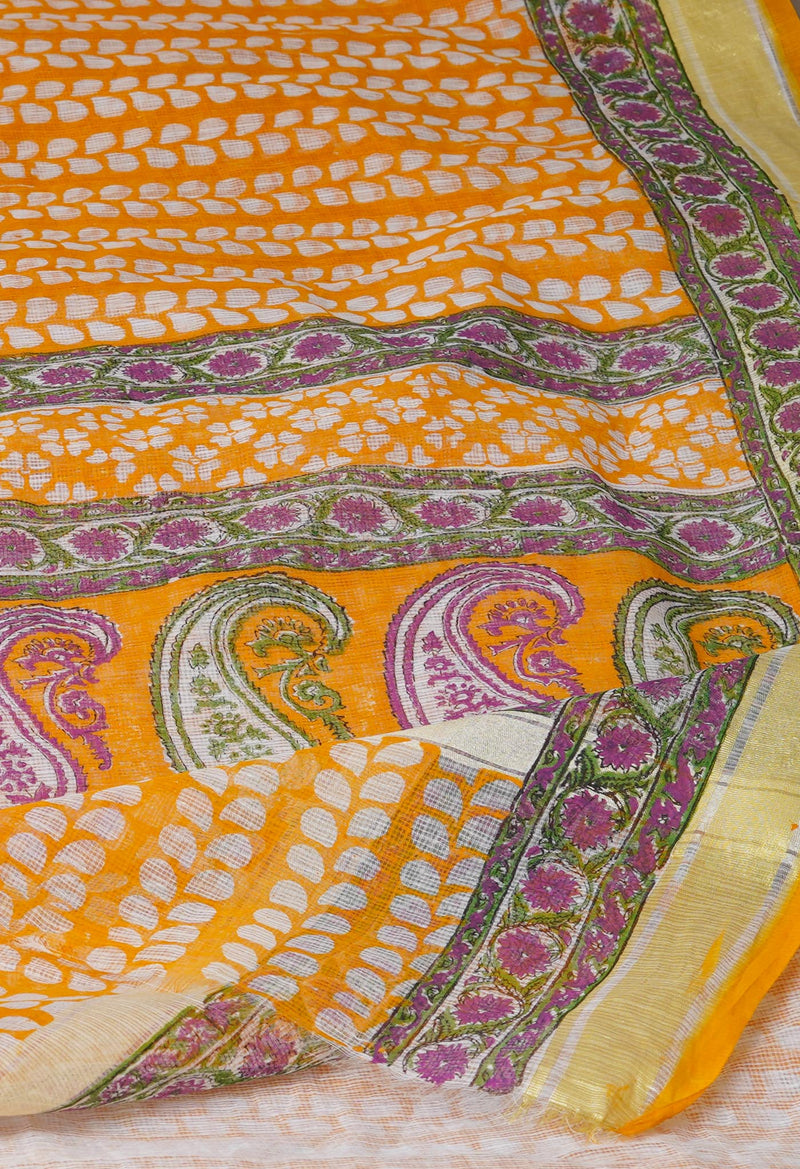 Orange Pure Block Printed Kota Cotton Saree- UNM71137
