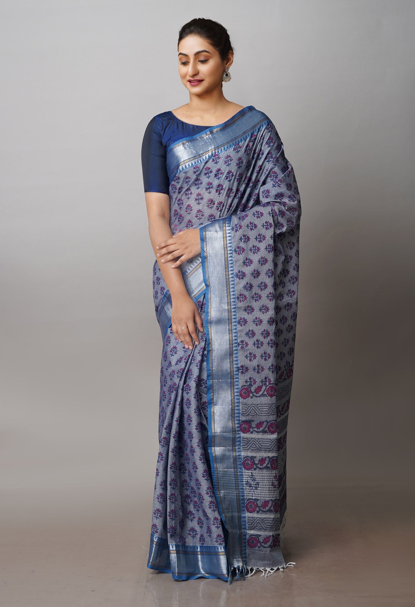 Blue Chettinadu Block Printed Cotton Saree-UNM71141