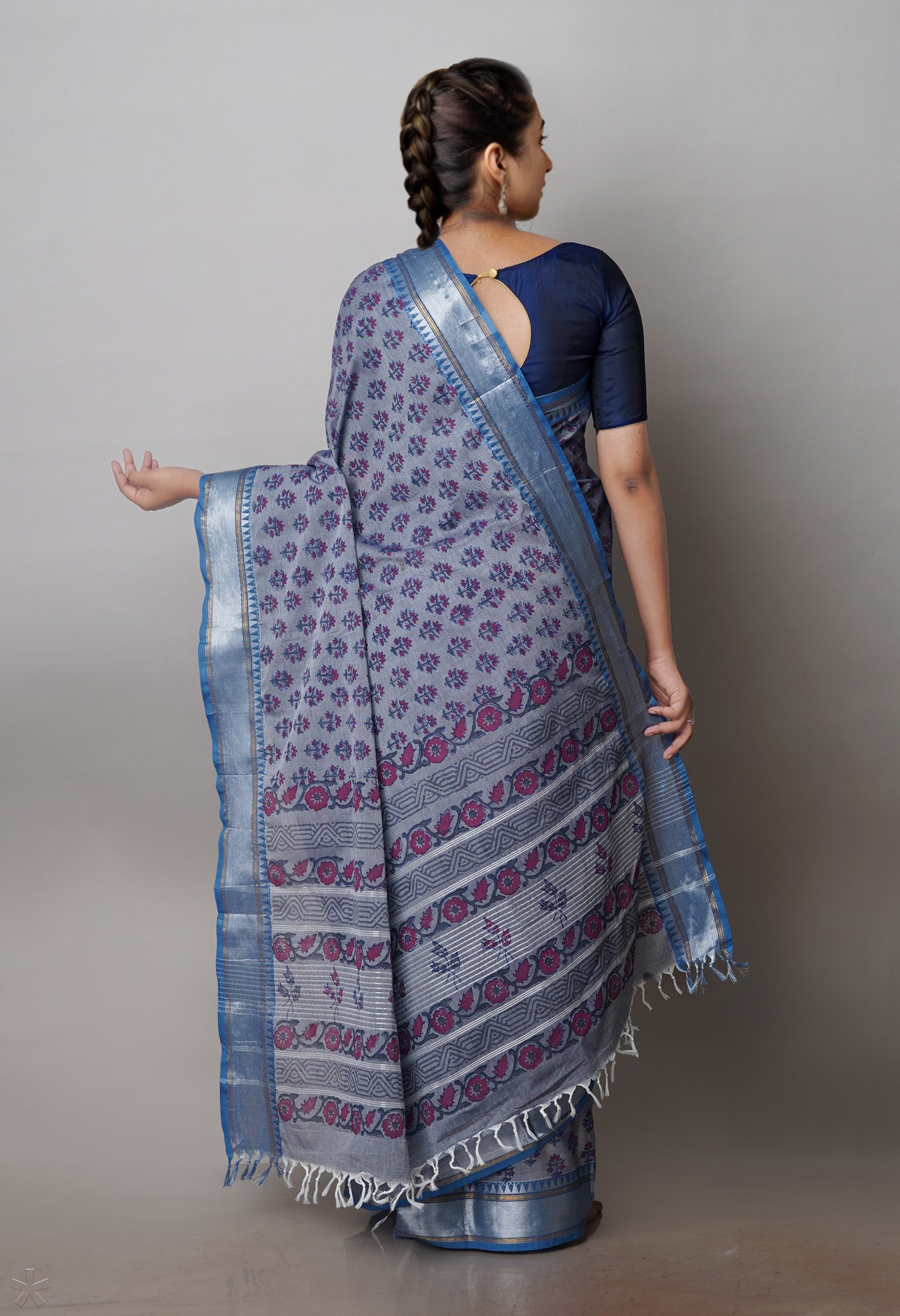 Blue Chettinadu Block Printed Cotton Saree-UNM71141