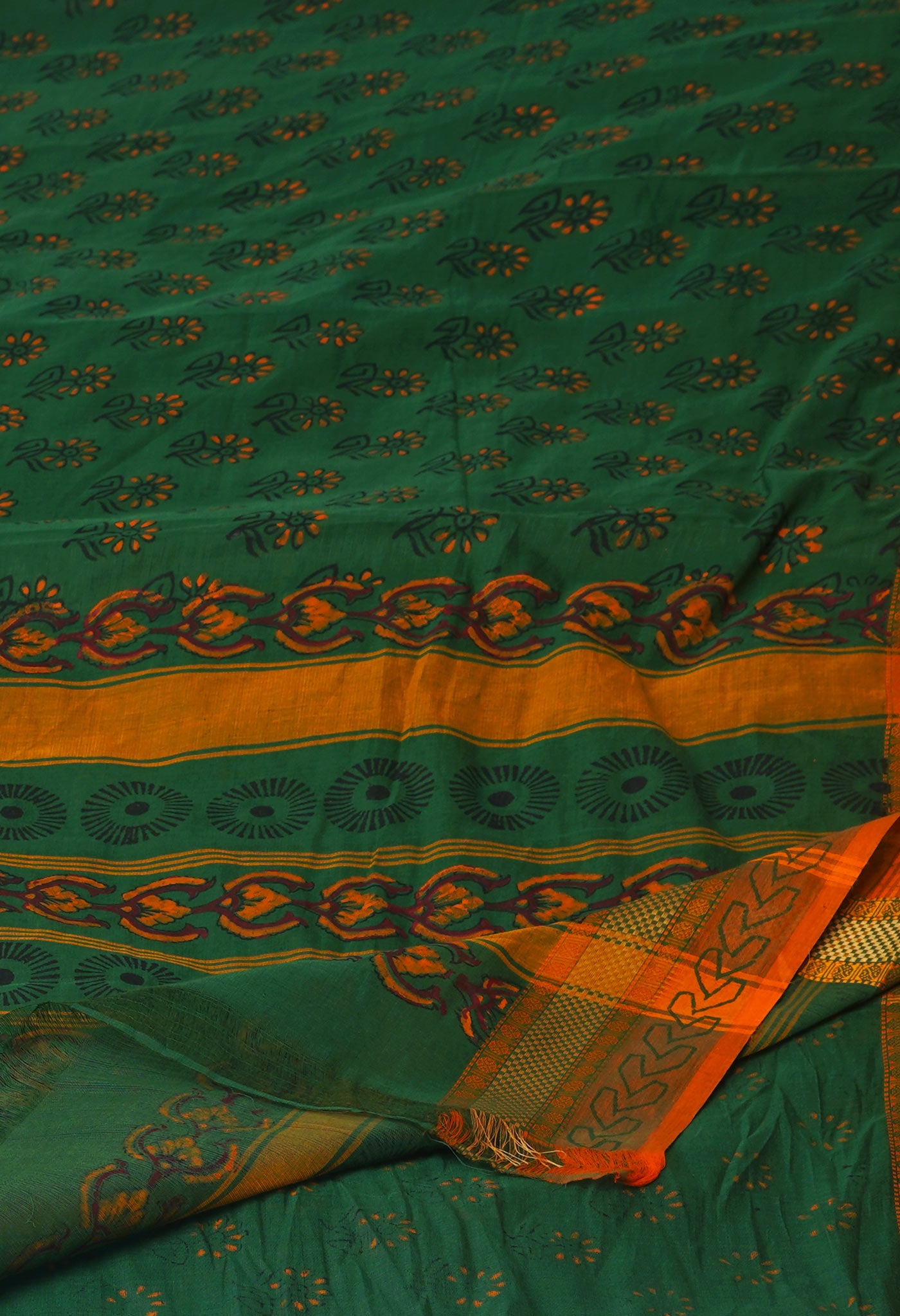 Green Chettinadu Block Printed Cotton Saree-UNM71149