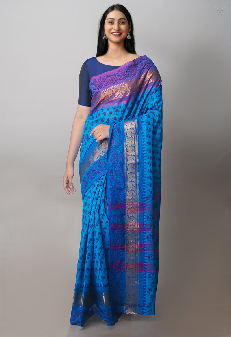 Blue Chettinadu Block Printed Cotton Saree-UNM71151