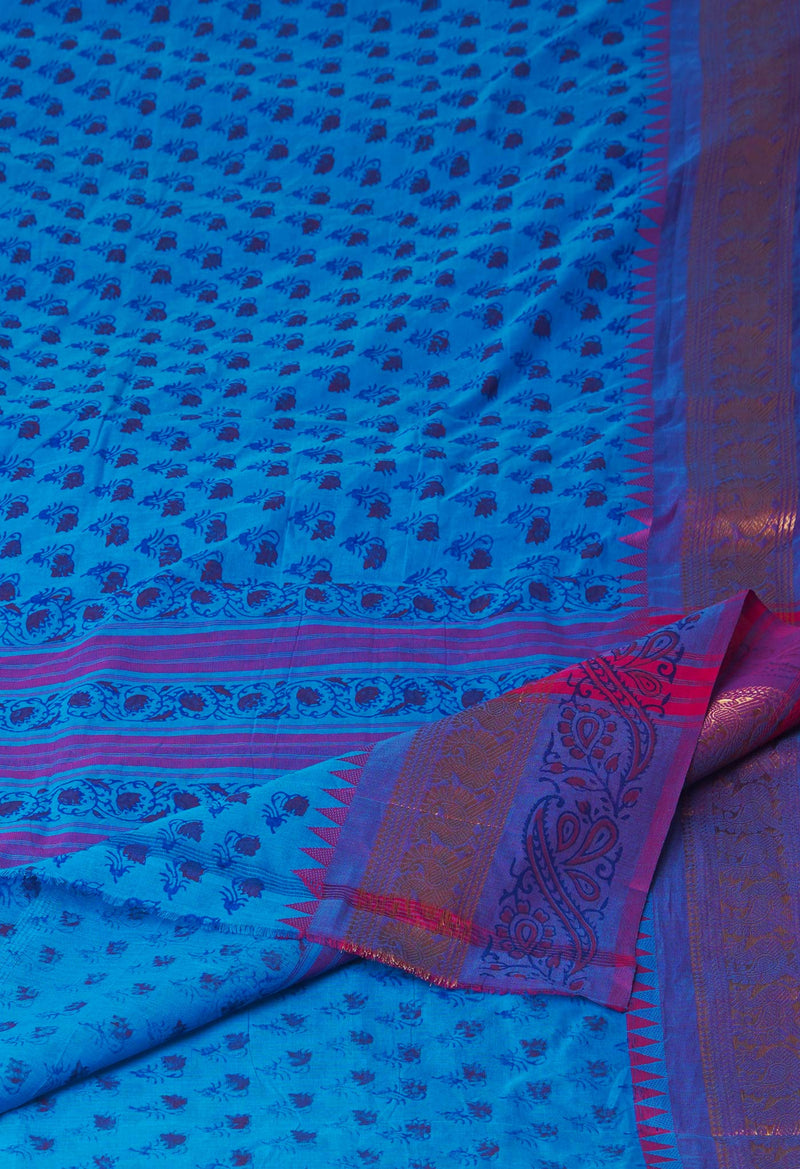 Blue Chettinadu Block Printed Cotton Saree-UNM71151