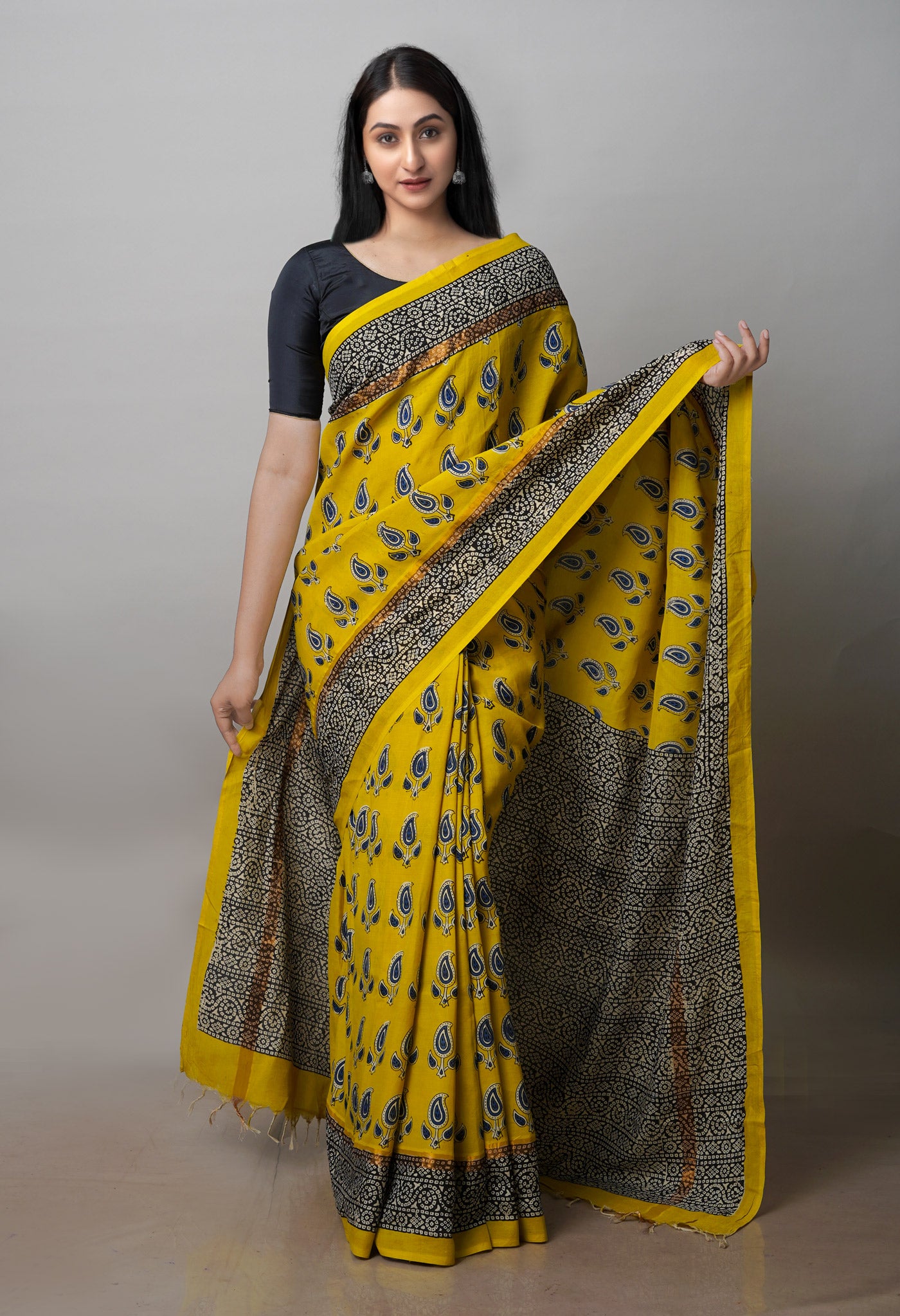 Yellow Bagru Printed Soft Silk Saree-UNM71206