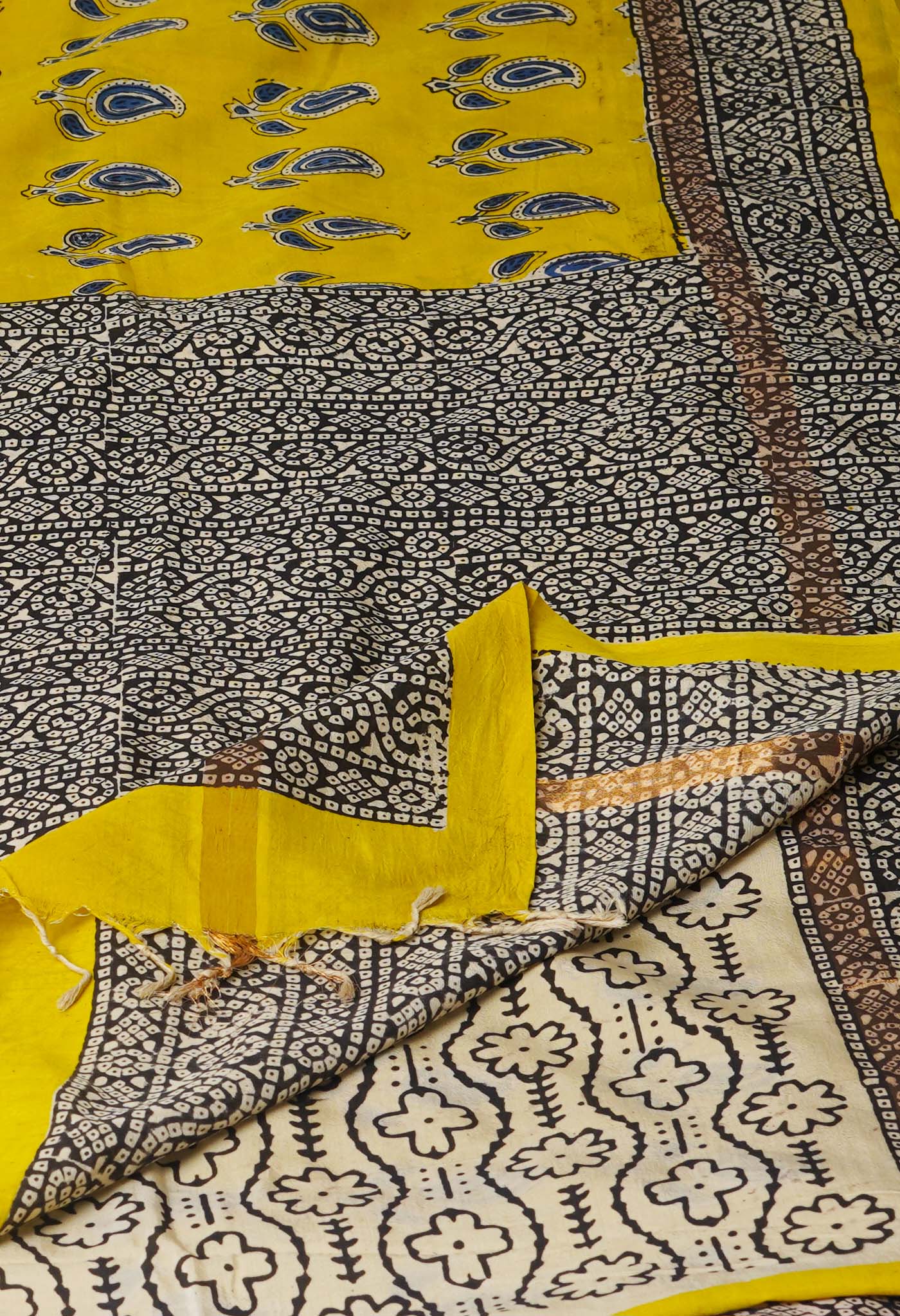 Yellow Bagru Printed Soft Silk Saree-UNM71206
