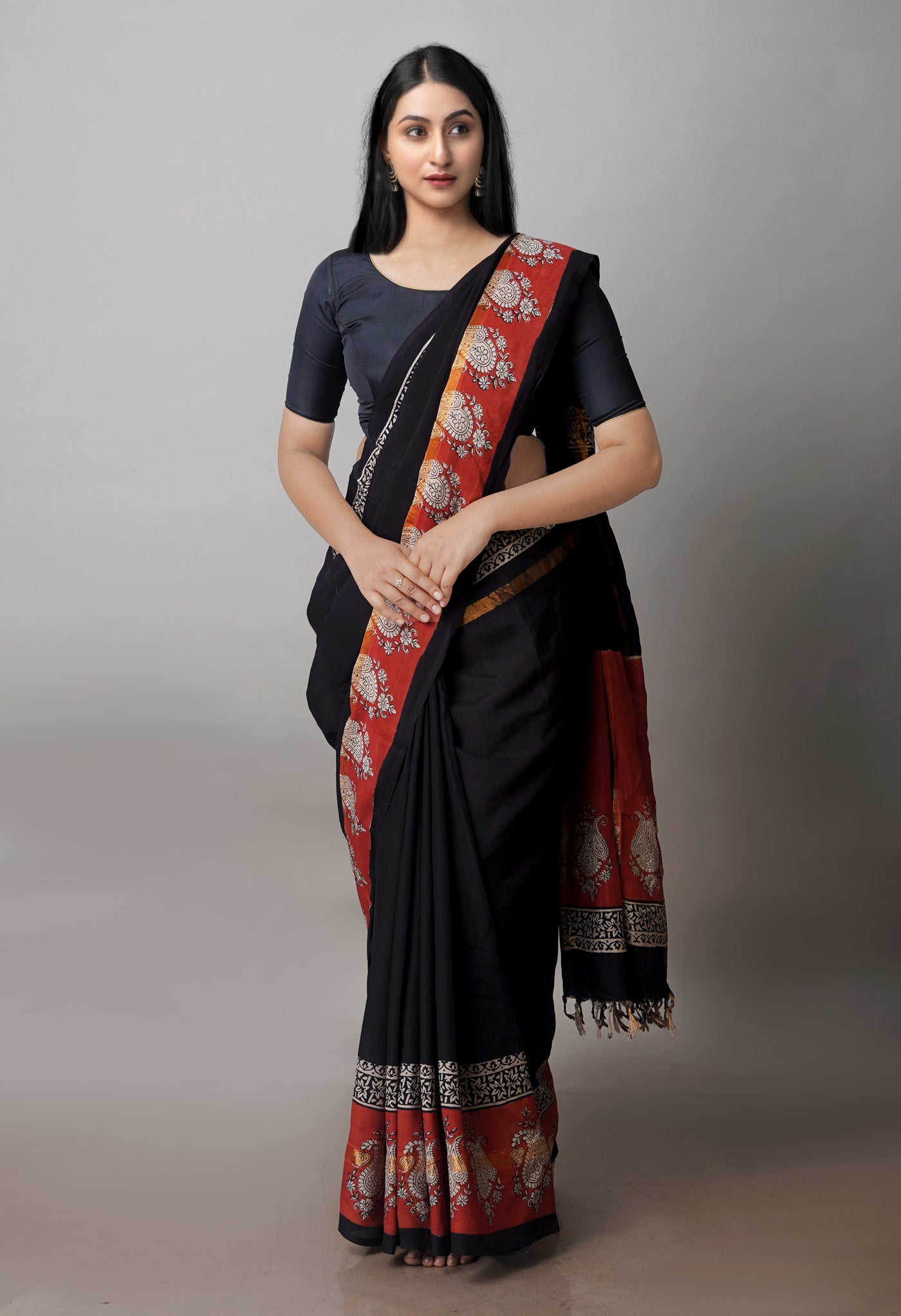 Black Bagru Printed Soft Silk Saree-UNM71214