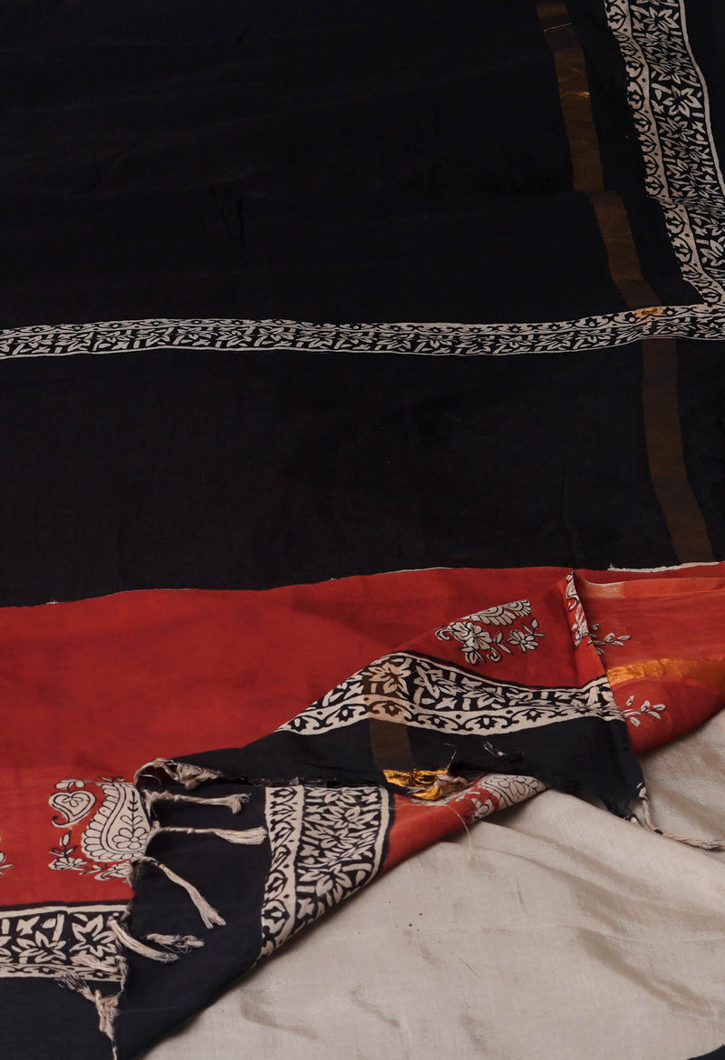 Black Bagru Printed Soft Silk Saree-UNM71214