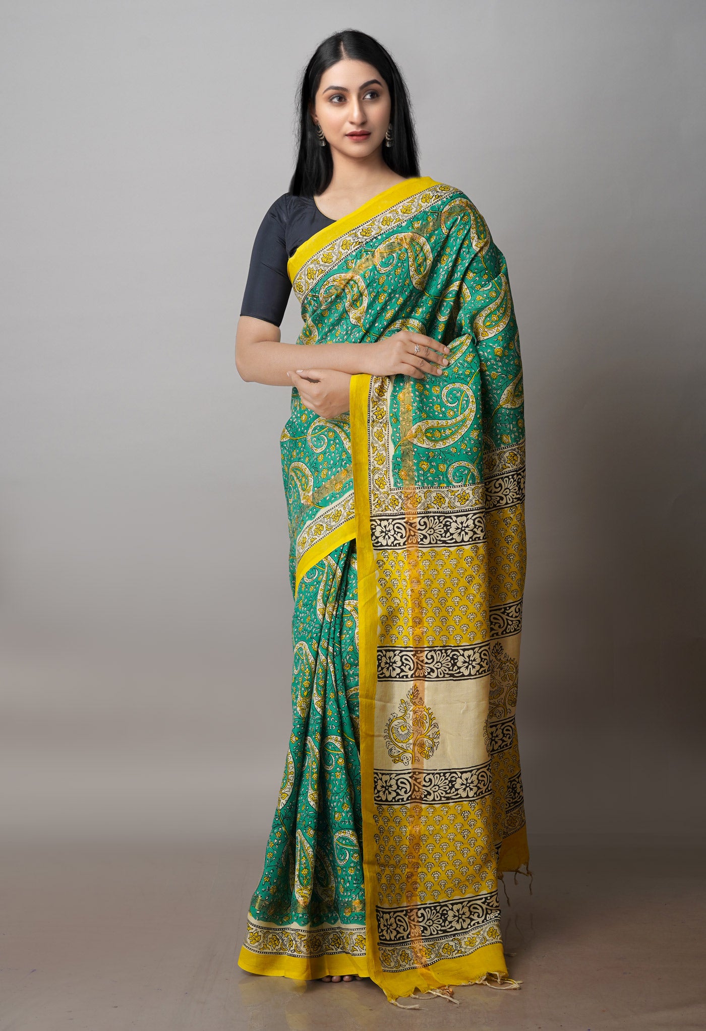 Green Bagru Printed Soft Silk Saree-UNM71216