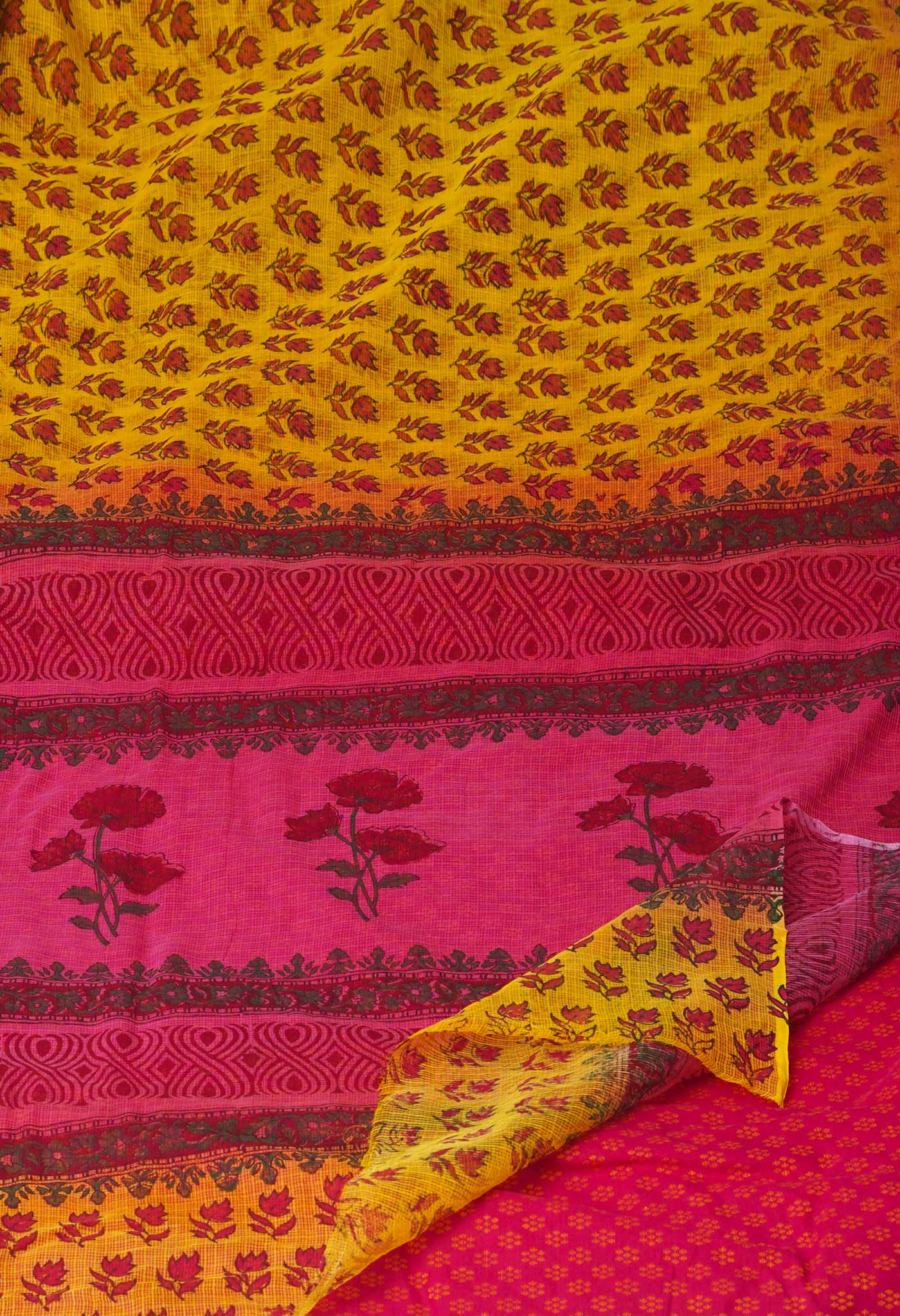 Yellow Pure Kota Block Printed Cotton Saree-UNM71226