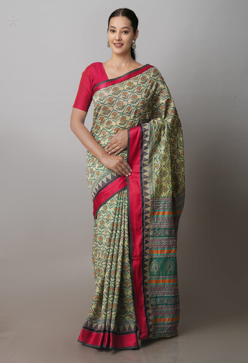 Green  Screen Printed Chanderi Sico Saree With Thread Knot and Kantha Work -UNM71435