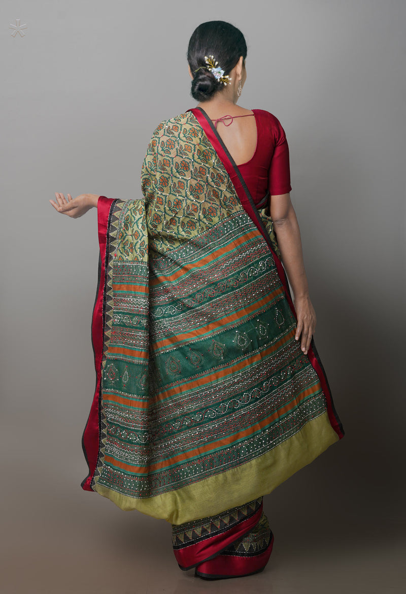 Green  Screen Printed Chanderi Sico Saree With Thread Knot and Kantha Work -UNM71435
