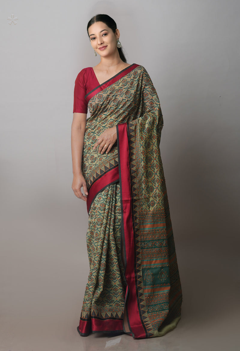Green  Screen Printed Chanderi Sico Saree With Thread Knot and Kantha Work -UNM71439