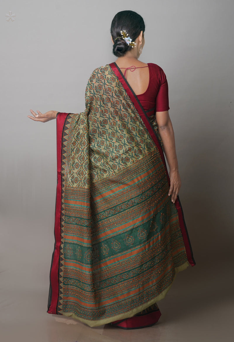 Green  Screen Printed Chanderi Sico Saree With Thread Knot and Kantha Work -UNM71439