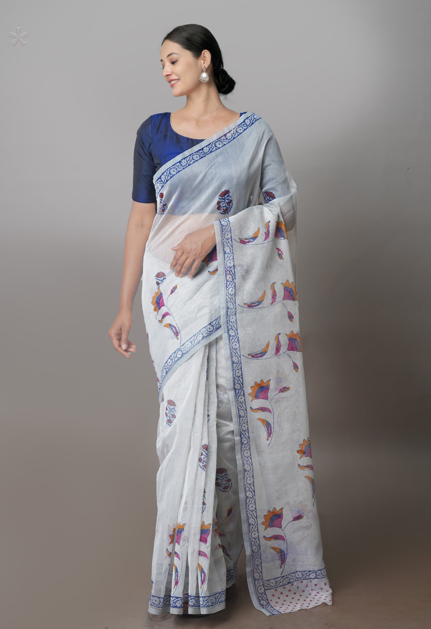 Biege Block Printed Supernet Saree