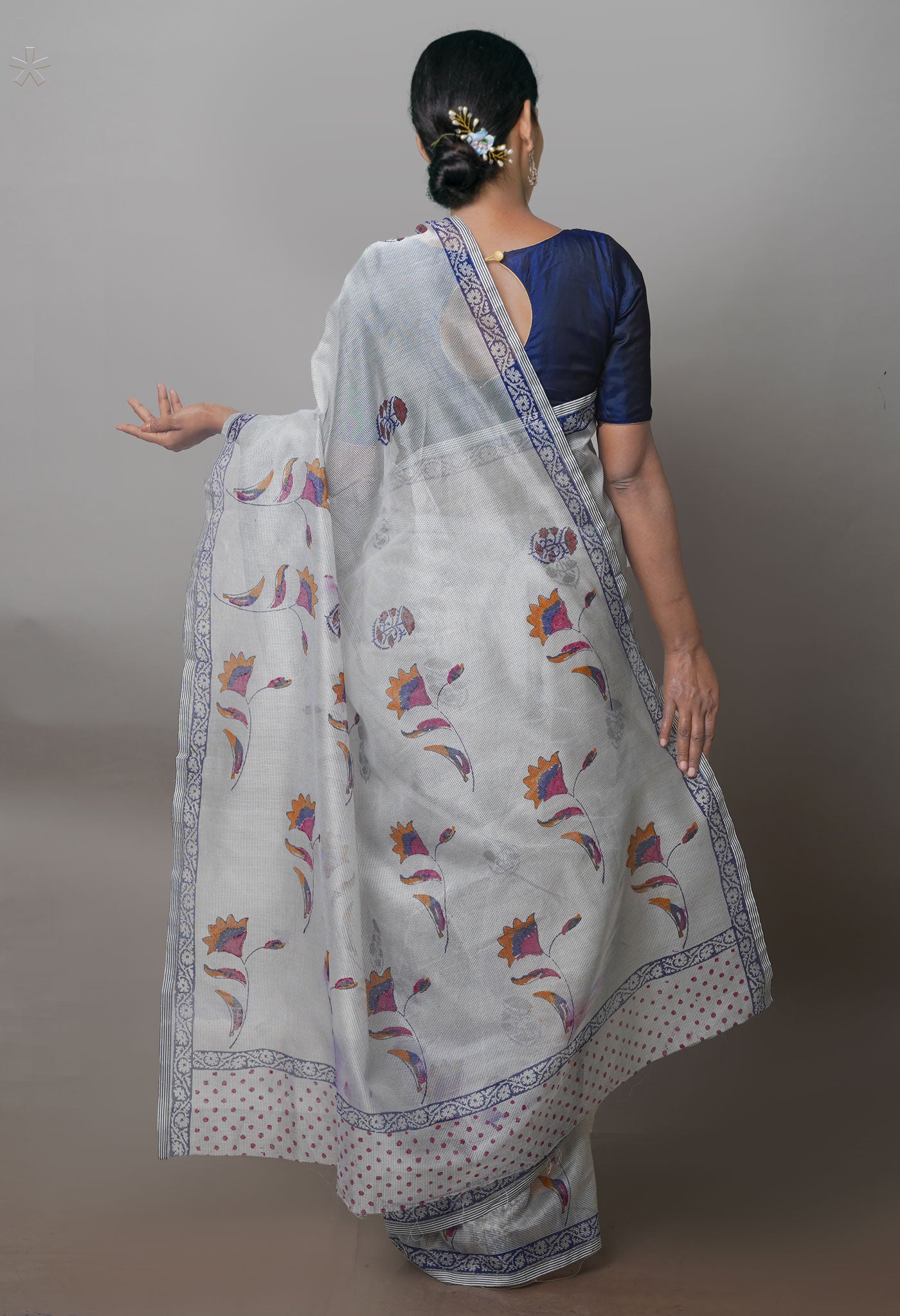 Biege Block Printed Supernet Saree