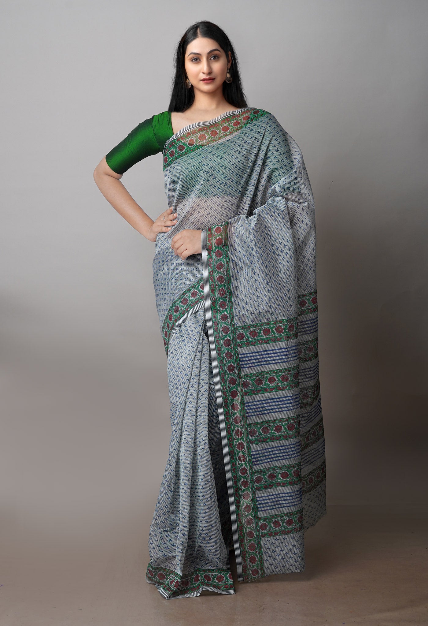 Grey Block Printed Supernet Saree