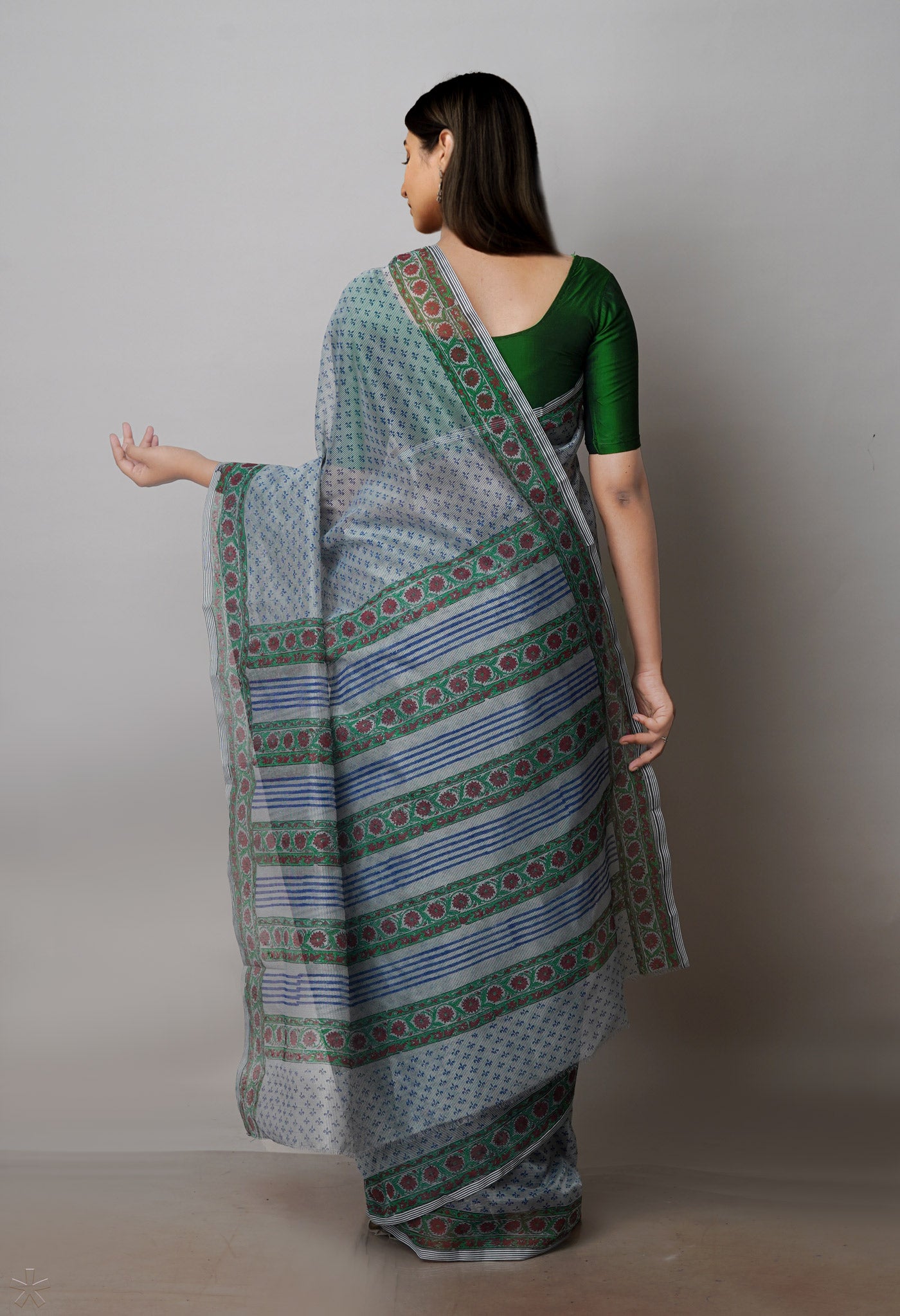 Grey Block Printed Supernet Saree