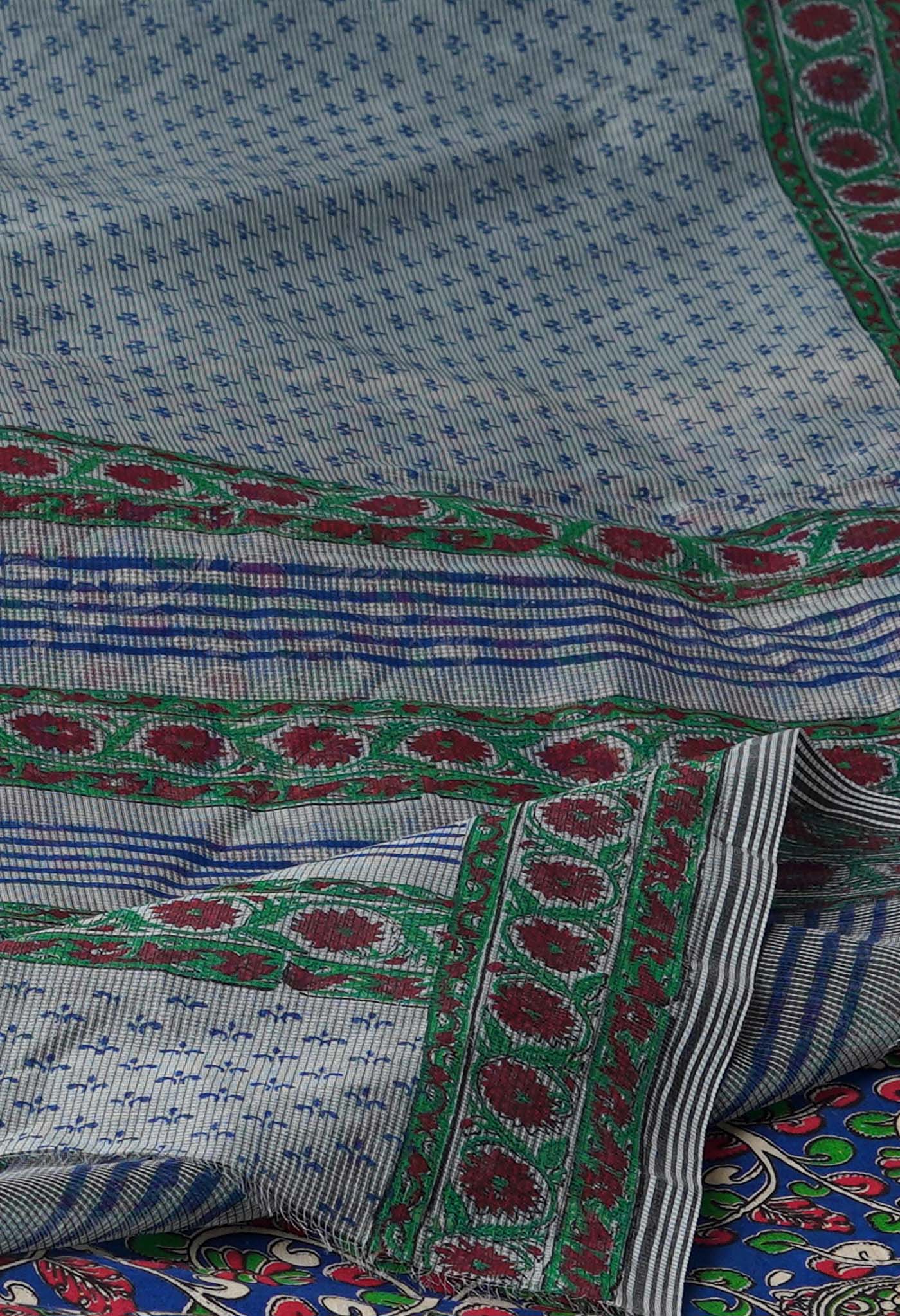 Grey Block Printed Supernet Saree