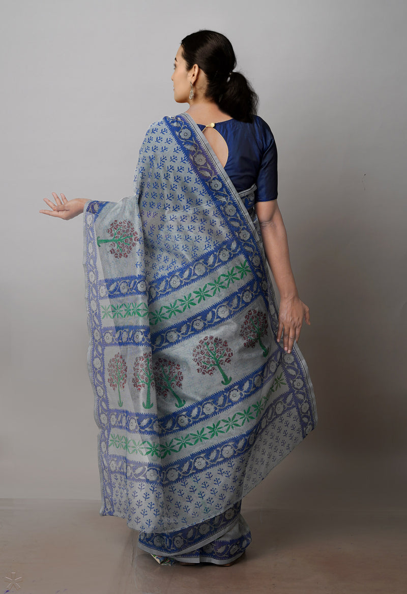 Grey  Block Printed Supernet  Saree-UNM71295