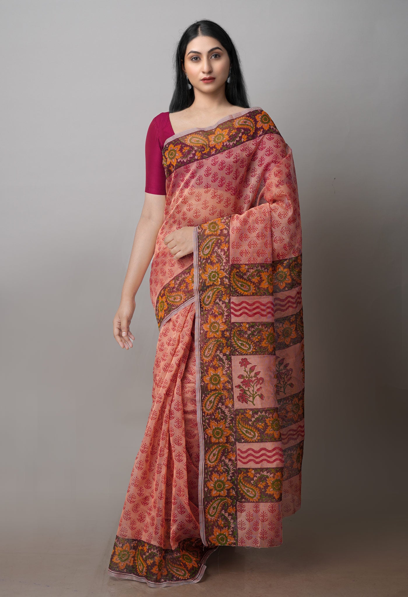 Peach Red Block Printed Supernet Saree