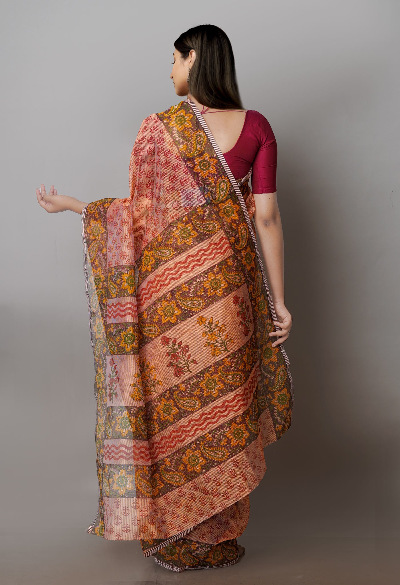 Peach Red Block Printed Supernet Saree