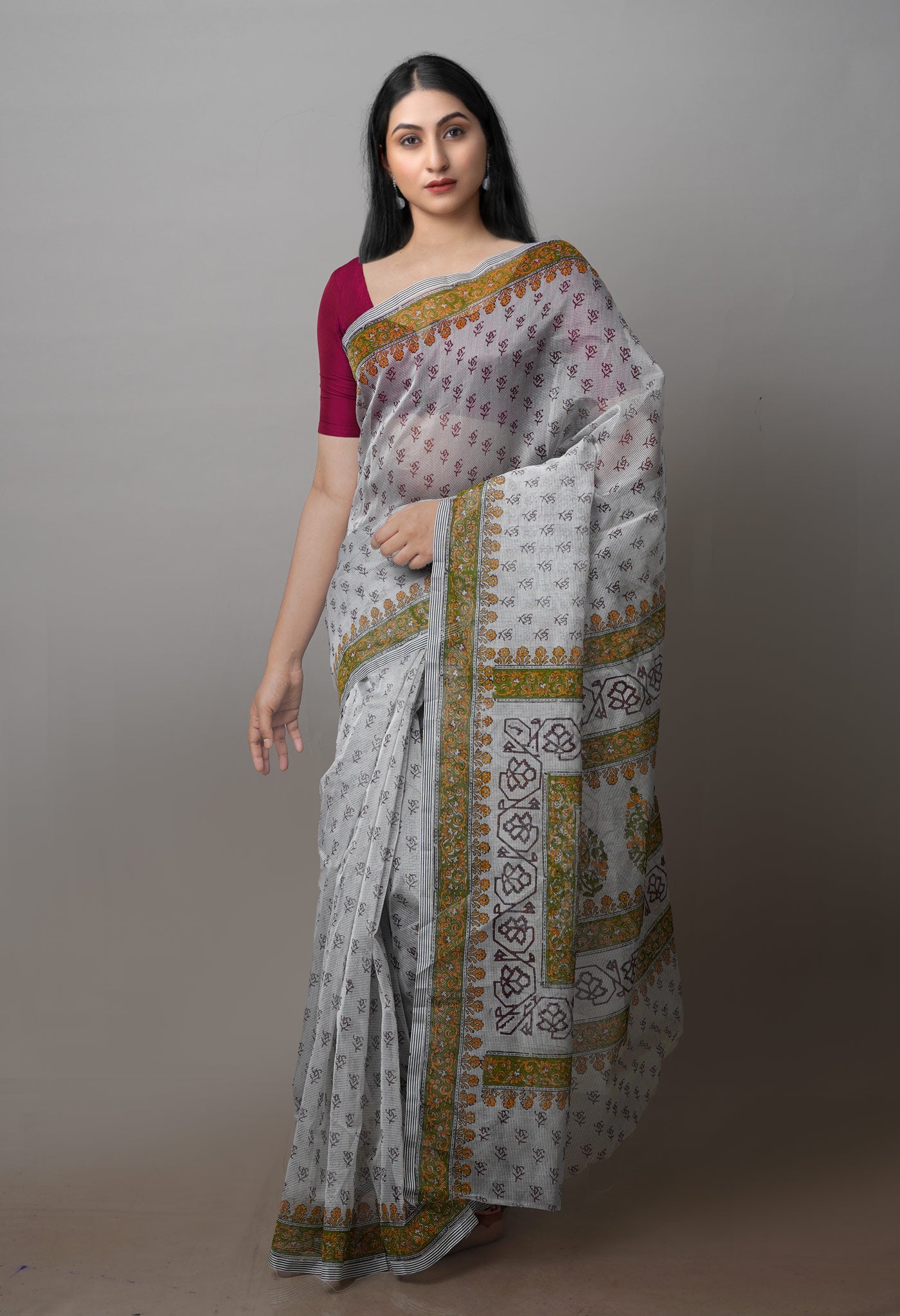 Biege Block Printed Supernet Saree