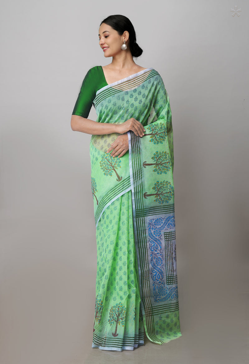 Parrot Green  Block Printed Supernet  Saree-UNM71320
