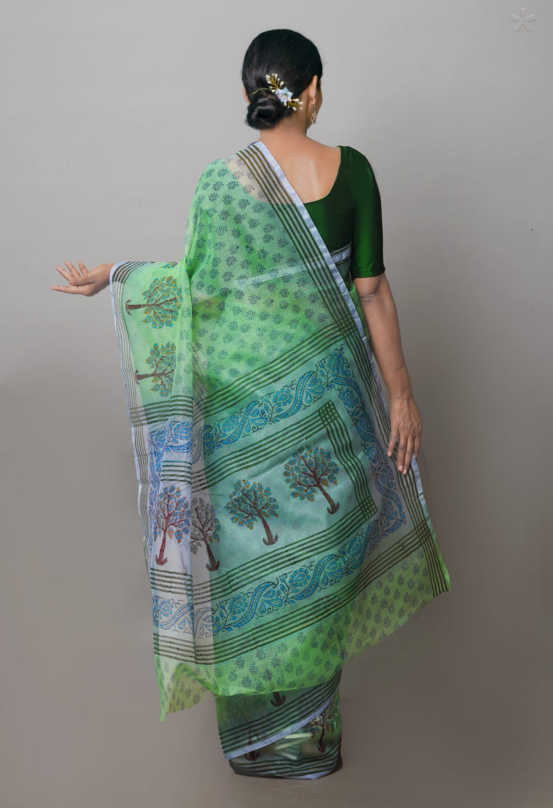Parrot Green  Block Printed Supernet  Saree-UNM71320