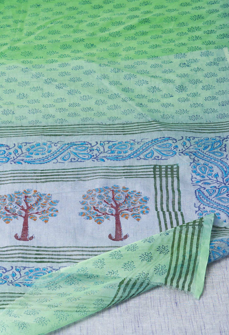 Parrot Green  Block Printed Supernet  Saree-UNM71320