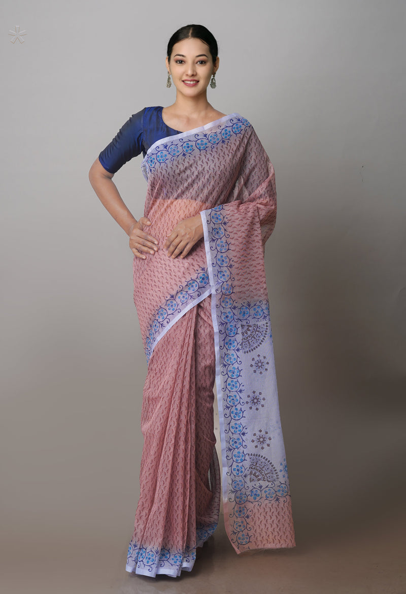 Light Brown  Block Printed Supernet  Saree-UNM71322