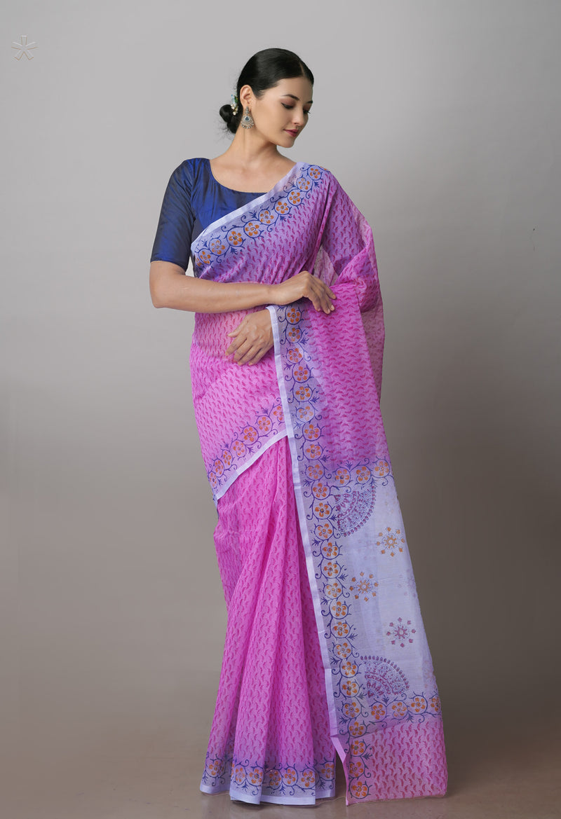Pink  Block Printed Supernet  Saree-UNM71325