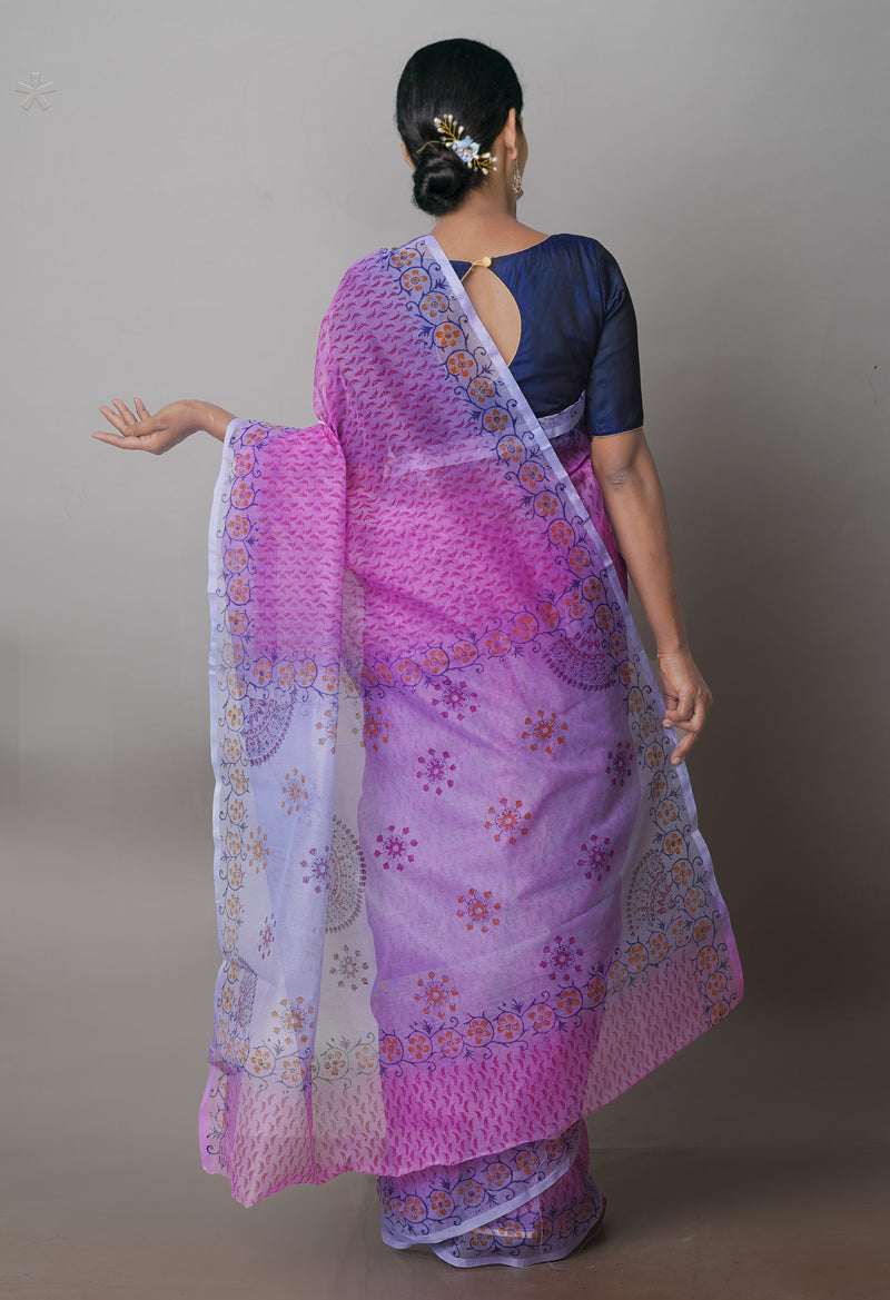 Pink  Block Printed Supernet  Saree-UNM71325