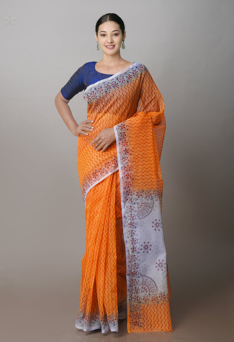 Orange  Block Printed Supernet  Saree-UNM71328